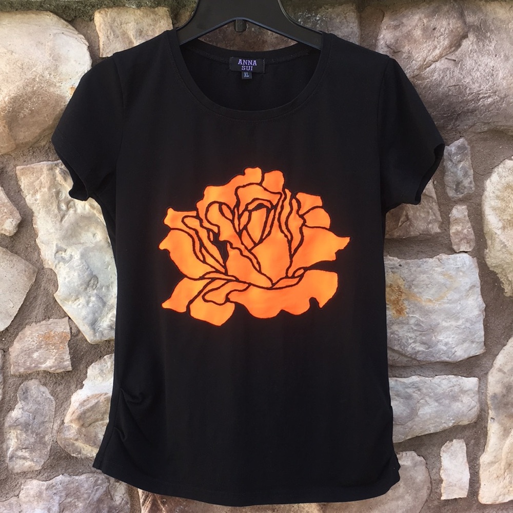 Anna Sui Short Sleeve Orange Flower Black T-shirt size Small Medium - Picture 10 of 10